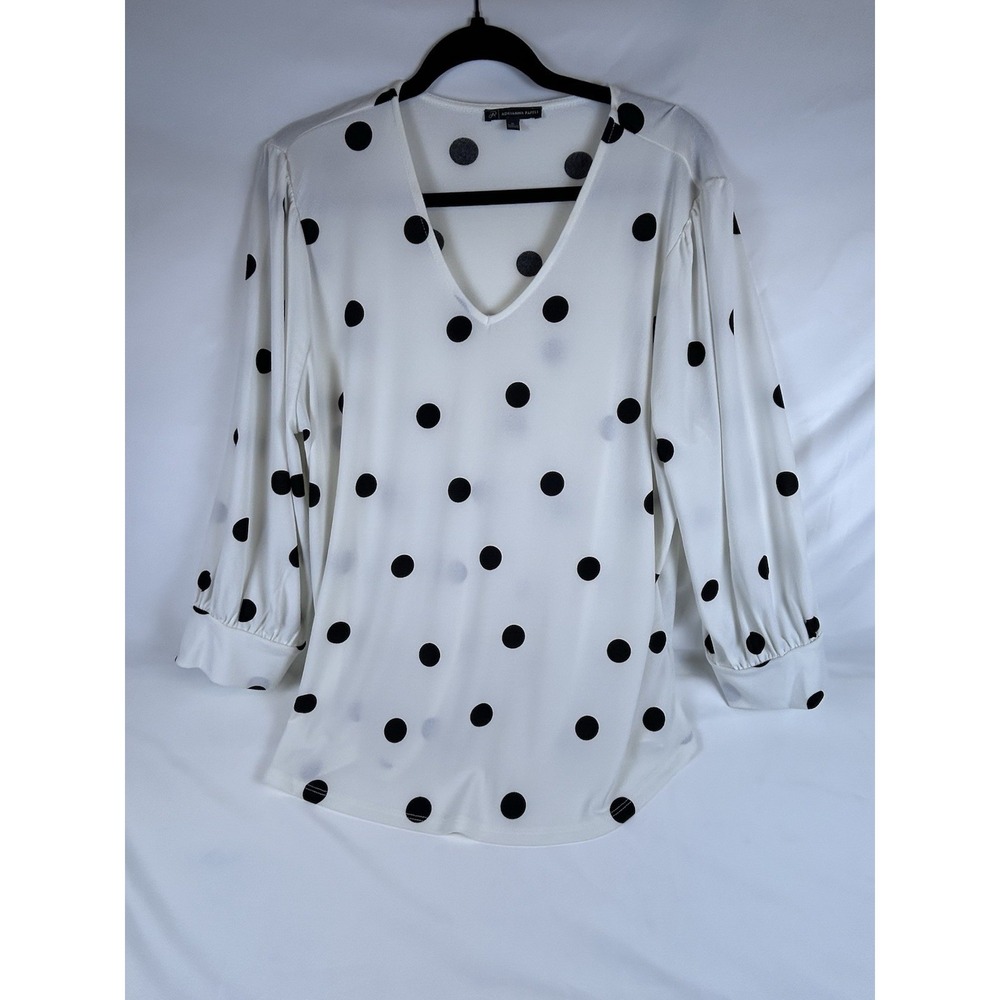 Adrianna Papell Top Women's XL White Black Polka Dot Split V Neck Long Sleeve